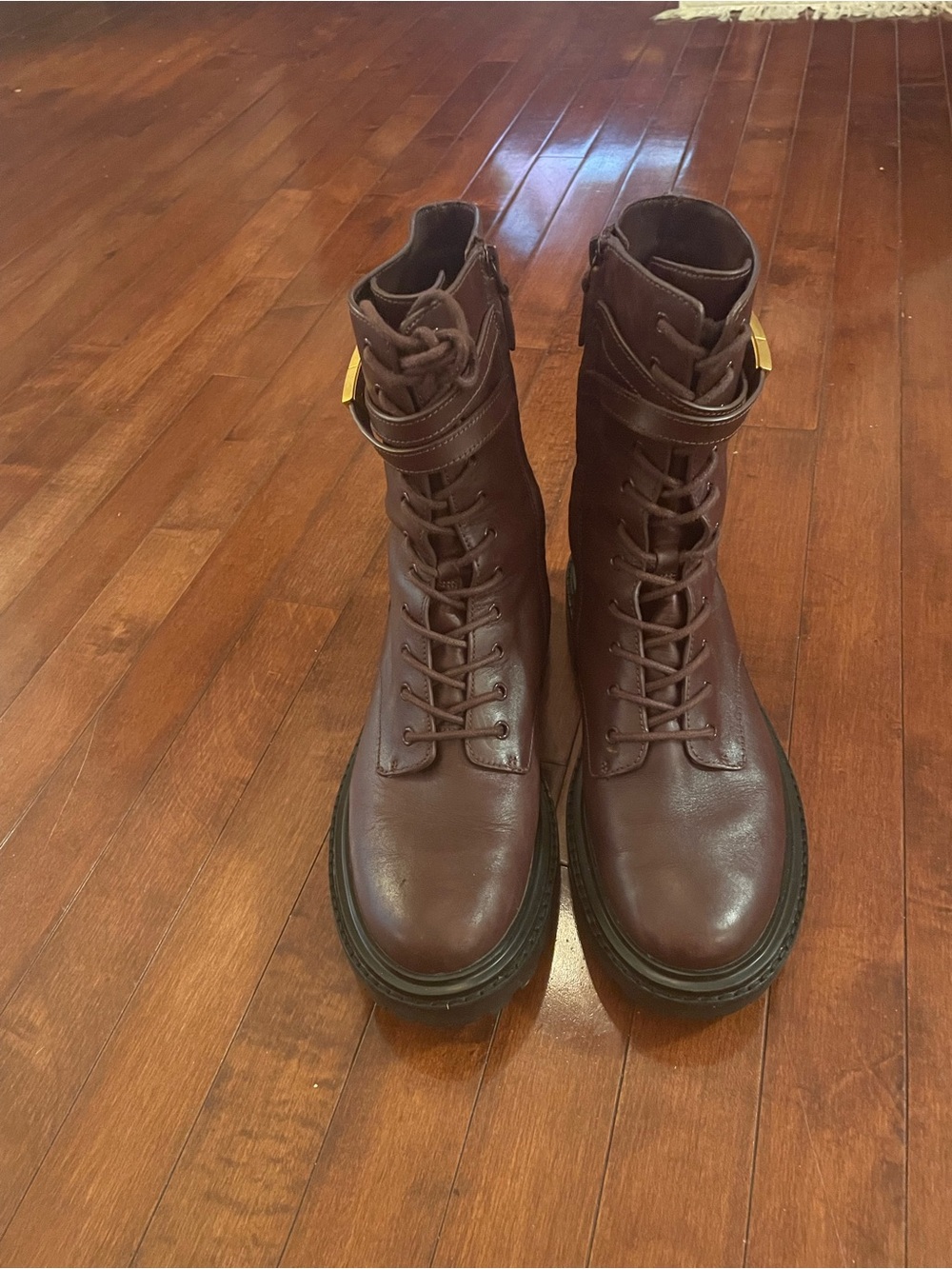 Tory Burch T Bar Lace-Up Combat Boots w/ Lug Soles in Dark Maroon - 10.5